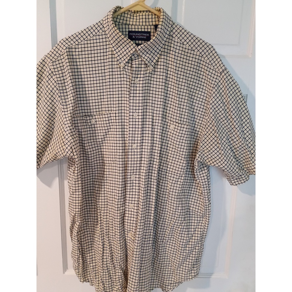 Roundtree & Yorke Mens Oxford Shirt Short Sleeve Grid Check Cotton Yellow Navy L